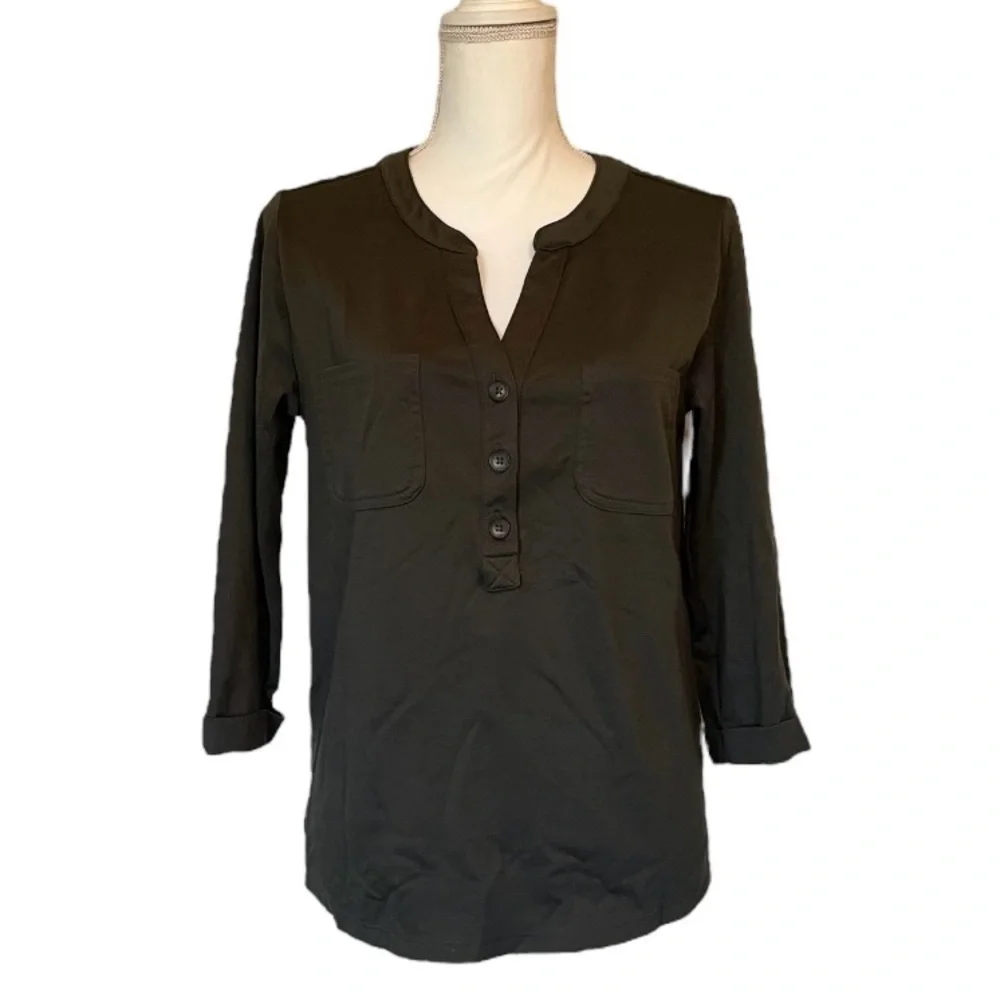 Old Navy Army Green 3/4 Sleeve Buttoned Mandarin Collar Women’s Blouse Small